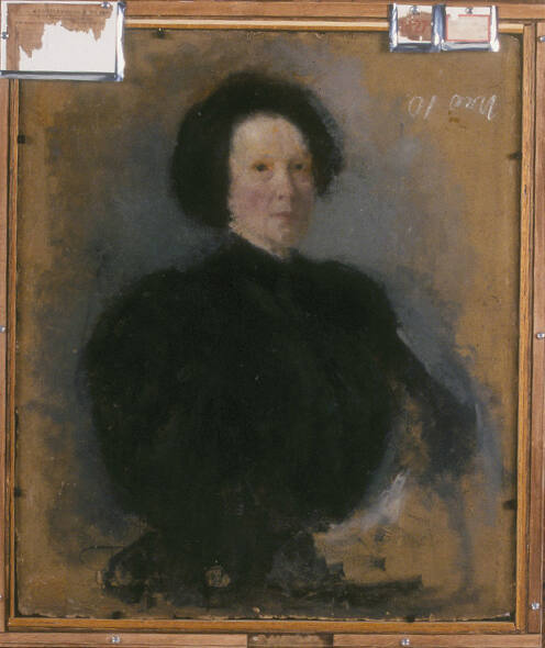 A pastel portrait drawing of an unknown woman in black with black hair. The verso or back of th…