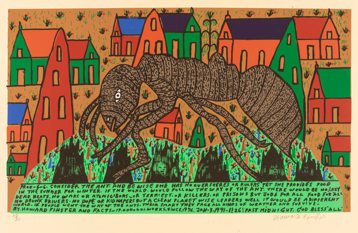 A colorful print depicting an oversized ant in front of a linear village.